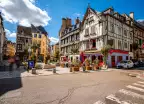 Street view of beautiful buildings and cafes in Rouen Old Town, Normandy, France